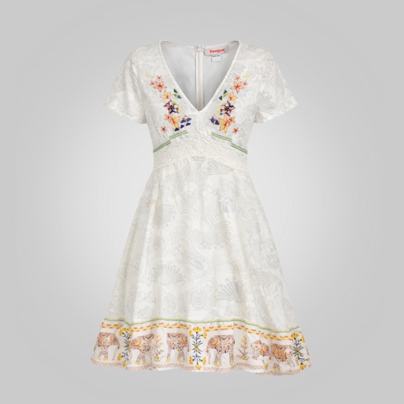 Desigual Embroidered Elephant Hem Dress Size EU 38 Boho V-Neck - Picture 4 of 7